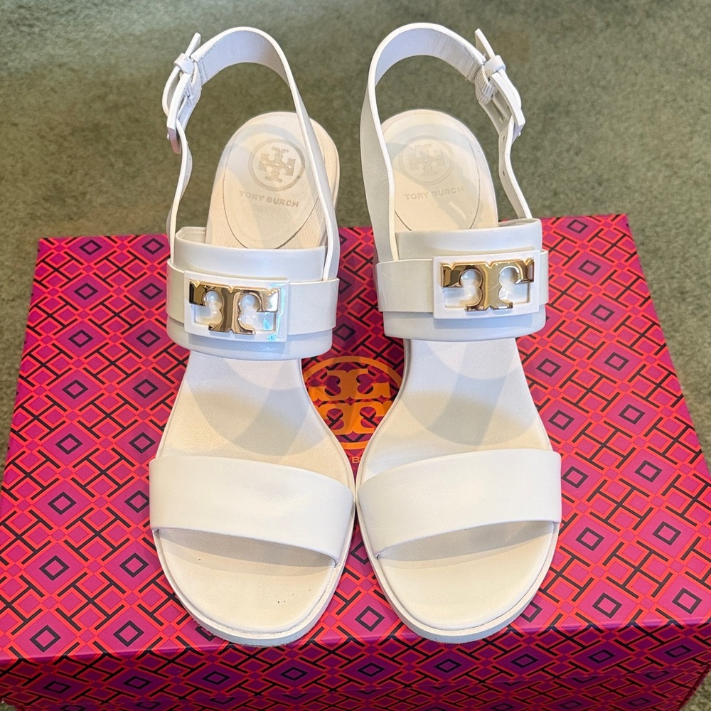 Tory Burch White Leather Logo Slingback Sandals with Gold Accent